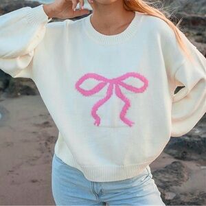 PINK BOW SWEATER LOOSE FIT OVERSIZE SWEATSHIRT FIT TOP SIZE LARGE NWT